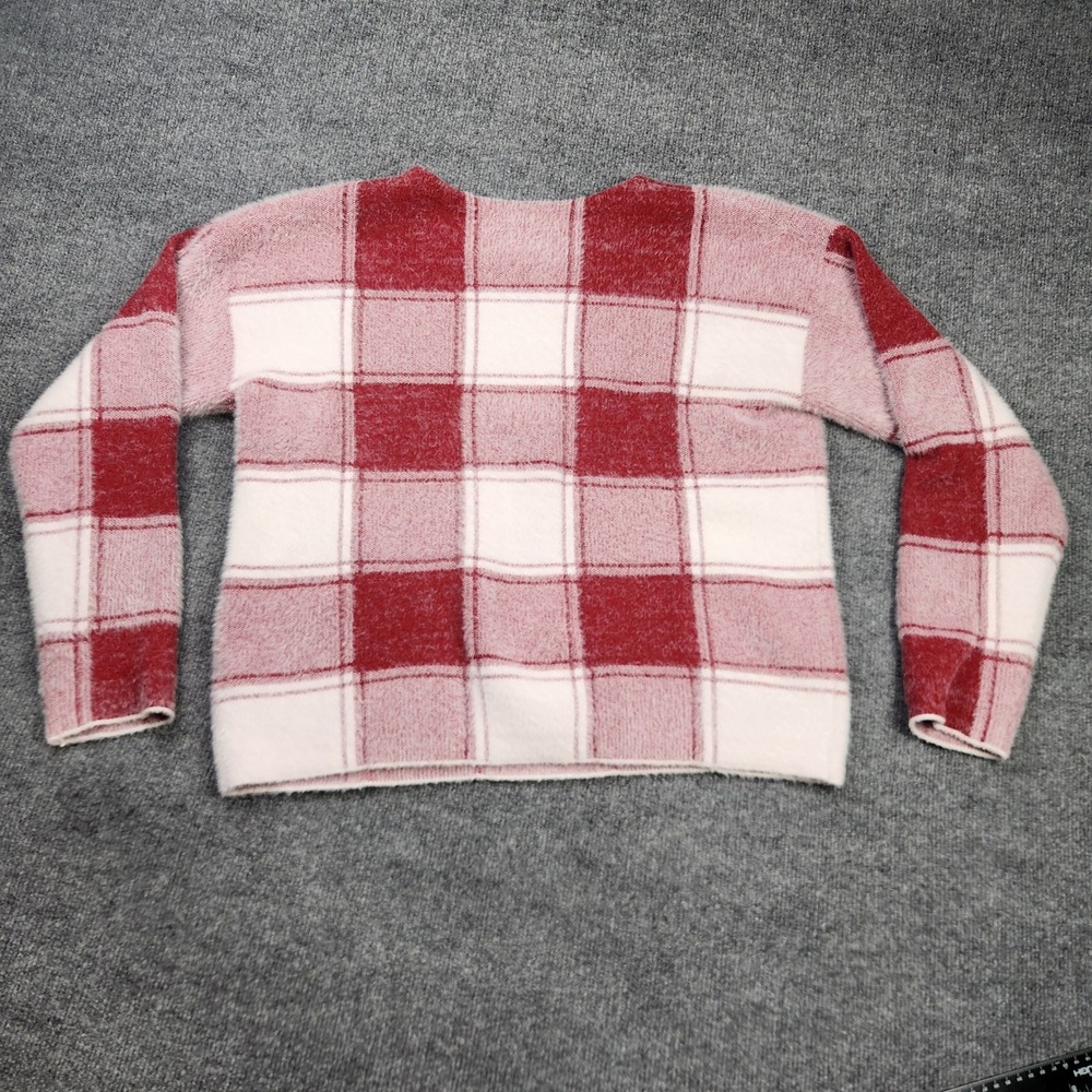 Tahari Womens XL Red Pink Buffalo Plaid Fuzzy Eyelash Knit Pullover Sweater SOFT - Picture 5 of 8